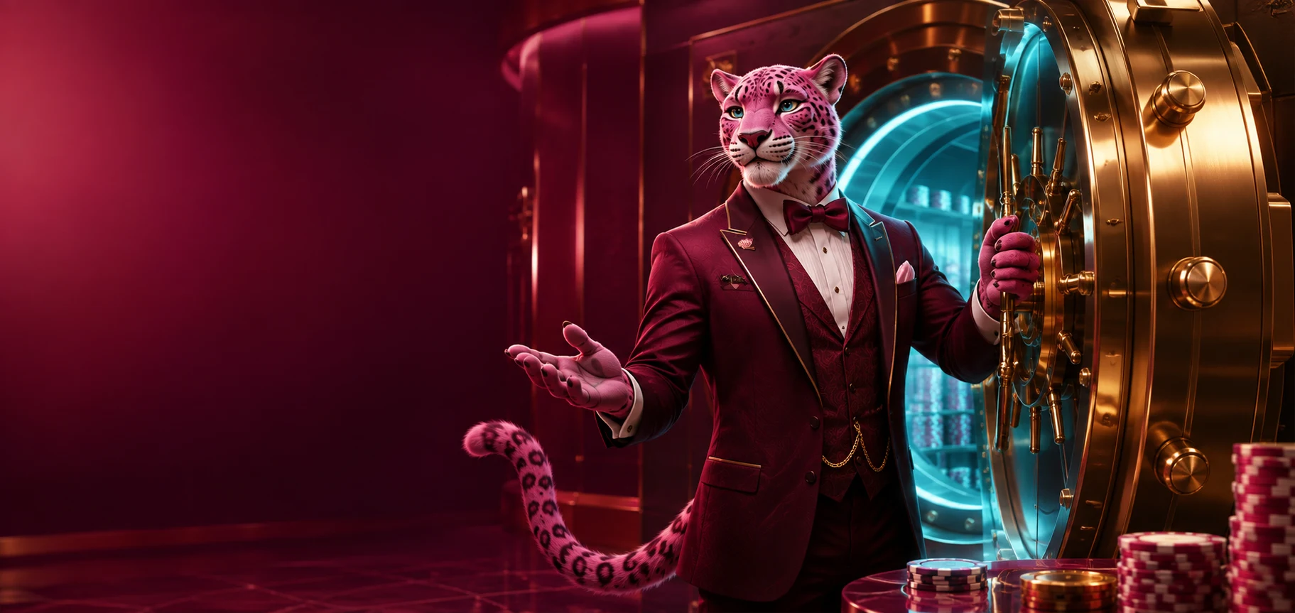 Originele roze casinofiguur bij een gouden kluis
